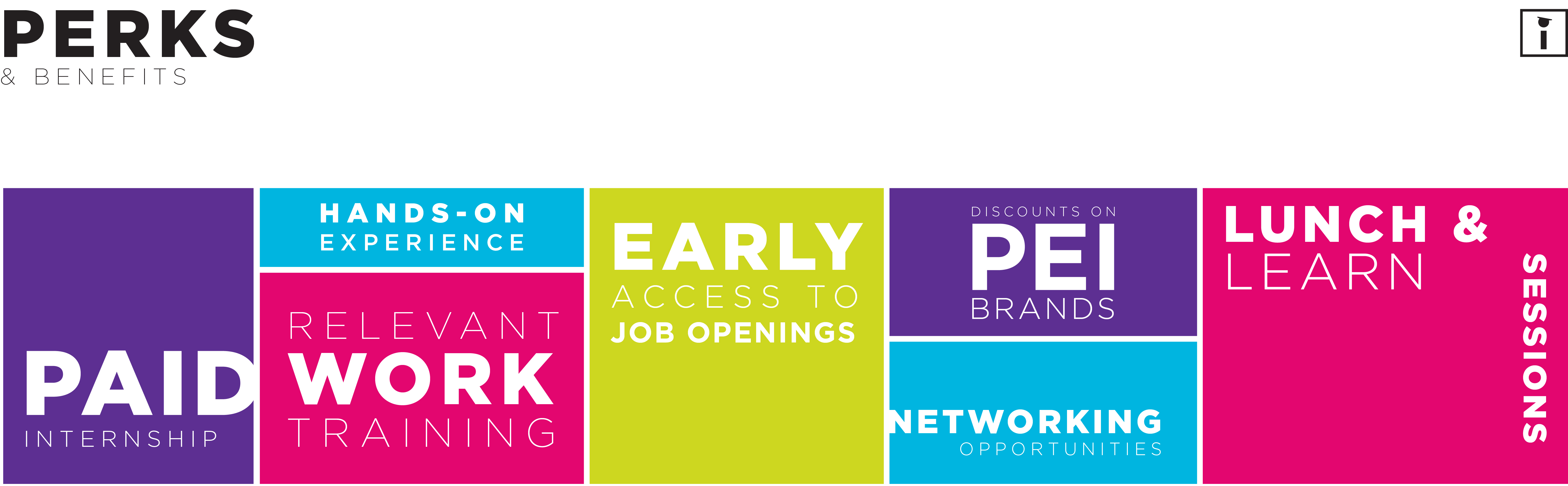 Internship Banner Perks and Benefits - Paid Internship, Hands-on Experience, Discounts on Pei Brand, Relevant Work Training, Early Access to Job Openings, Networking Opportunities, Lunch Learn, and Sessions