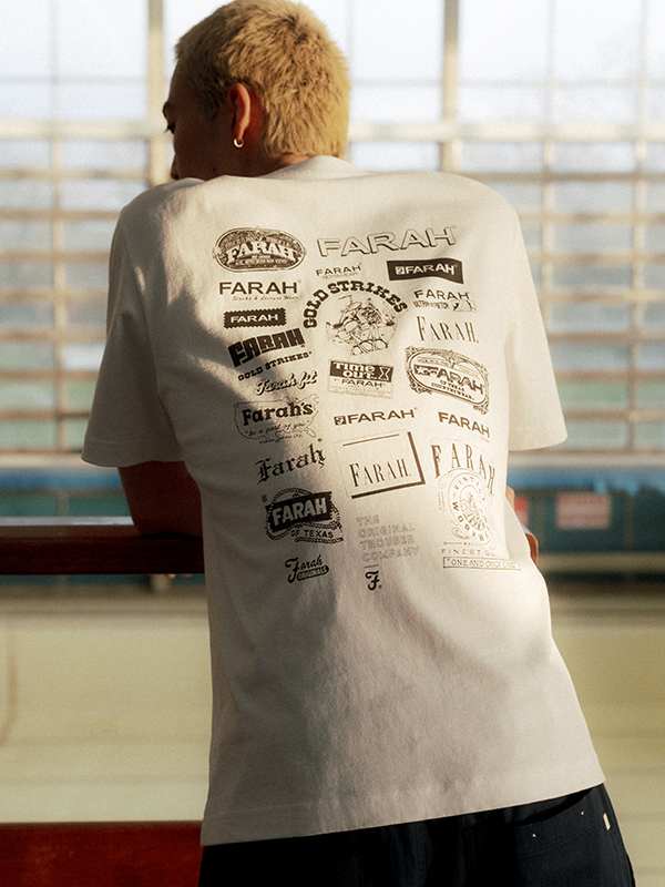 Model Wearing a Farah White T-Shirt  with Farah Logos in Multiple Designs